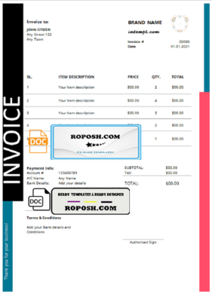 first keeper universal multipurpose tax invoice template in Word and PDF format, fully editable