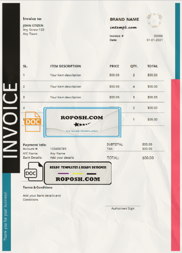 first keeper universal multipurpose tax invoice template in Word and PDF format, fully editable scan effect