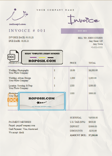 flash crow universal multipurpose professional invoice template in Word and PDF format, fully editable scan effect