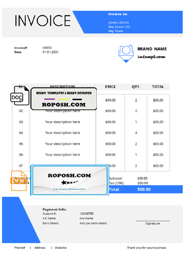 post advisor universal multipurpose professional invoice template in Word and PDF format, fully editable