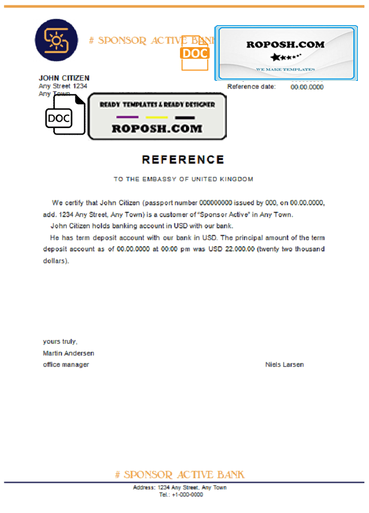 sponsor active bank universal multipurpose bank account reference template in Word and PDF format