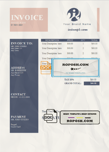 good fixed universal multipurpose tax invoice template in Word and PDF format, fully editable scan effect