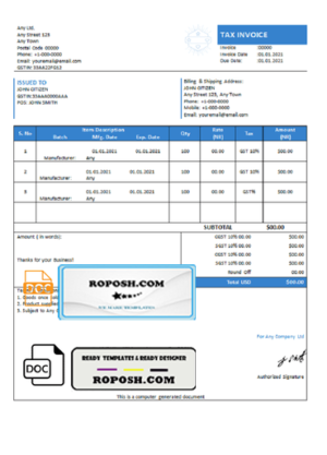 care module universal multipurpose tax invoice template in Word and PDF format, fully editable