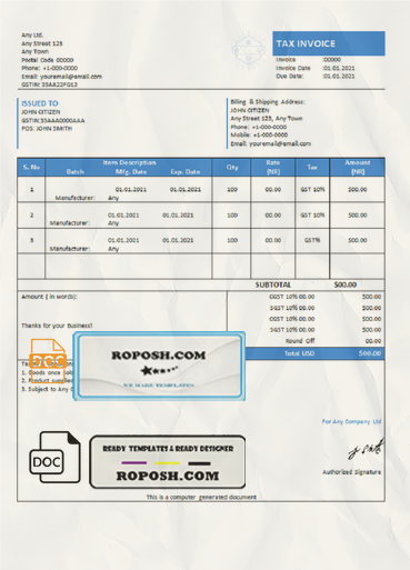 care module universal multipurpose tax invoice template in Word and PDF format, fully editable scan effect