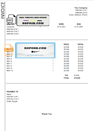 simple chart universal multipurpose good-looking invoice template in Word and PDF format, fully editable