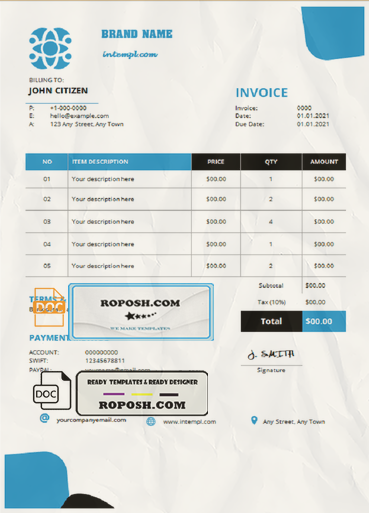 spire live universal multipurpose professional invoice template in Word and PDF format, fully editable scan effect