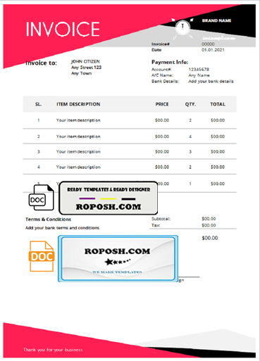 fever quest universal multipurpose good-looking invoice template in Word and PDF format, fully editable