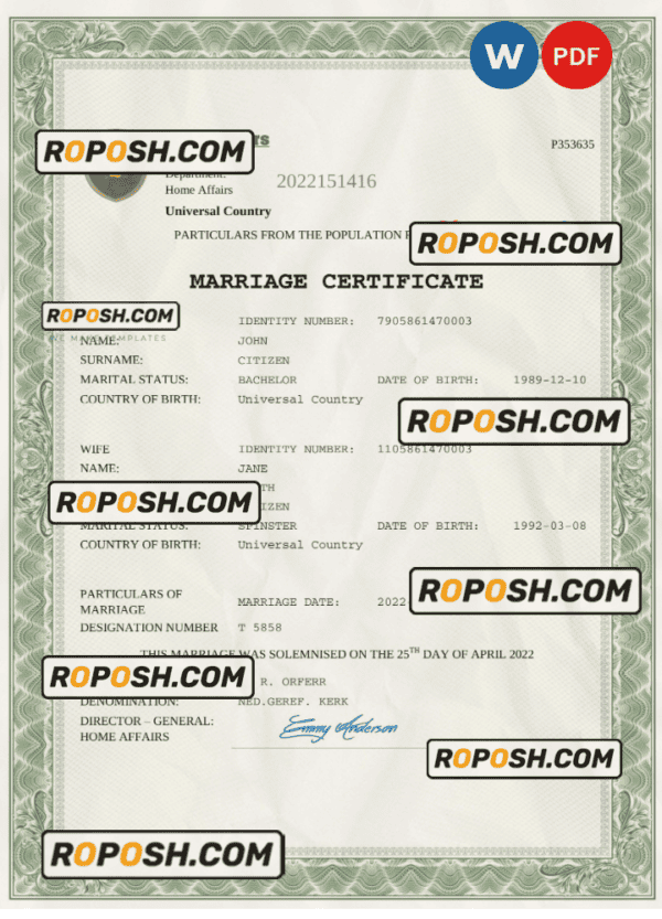 amore universal marriage certificate Word and PDF template, completely editable