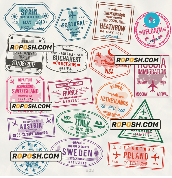 Portugal Ukraine Poland travel stamp collection template of 17 PSD designs, with fonts scan effect