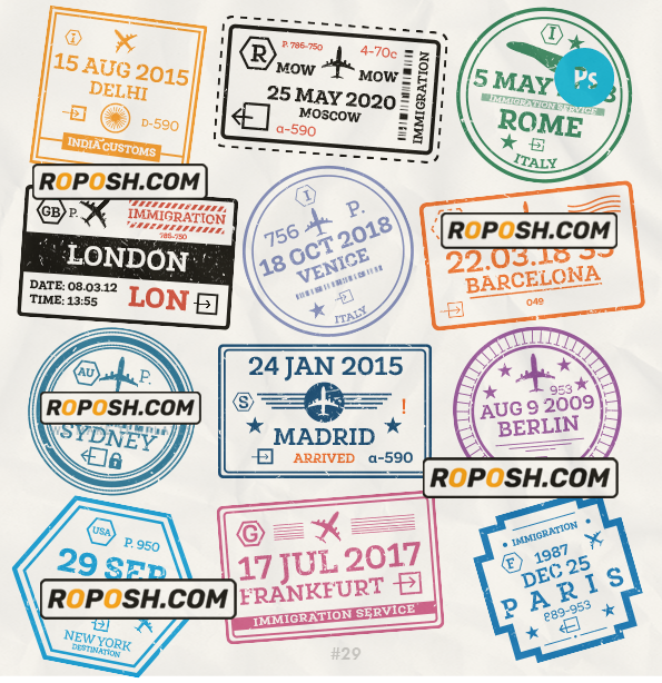 Delhi Moscow Berlin travel stamp collection template of 12 PSD designs, with fonts scan effect