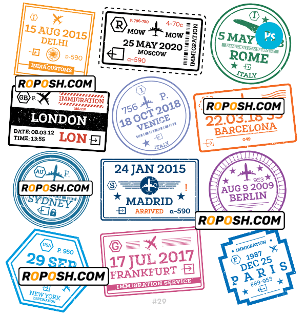 Delhi Moscow Berlin travel stamp collection template of 12 PSD designs, with fonts