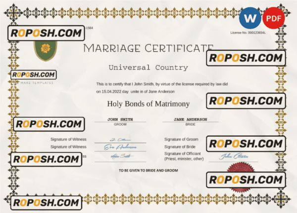 fresh universal marriage certificate Word and PDF template, completely editable