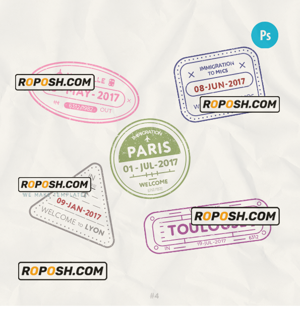 France travel stamp collection template of 5 PSD designs, with fonts scan effect
