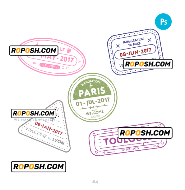 France travel stamp collection template of 5 PSD designs, with fonts