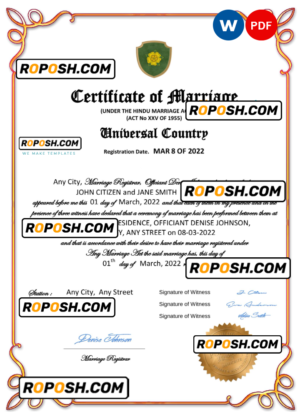 gloss universal marriage certificate Word and PDF template, completely editable
