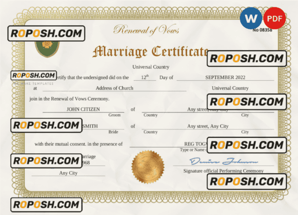 romance universal marriage certificate Word and PDF template, completely editable