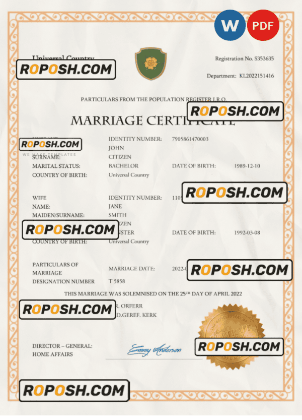 charm universal marriage certificate Word and PDF template, fully editable
