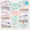 New York Sydney Rome travel stamp collection template of 12 PSD designs, with fonts