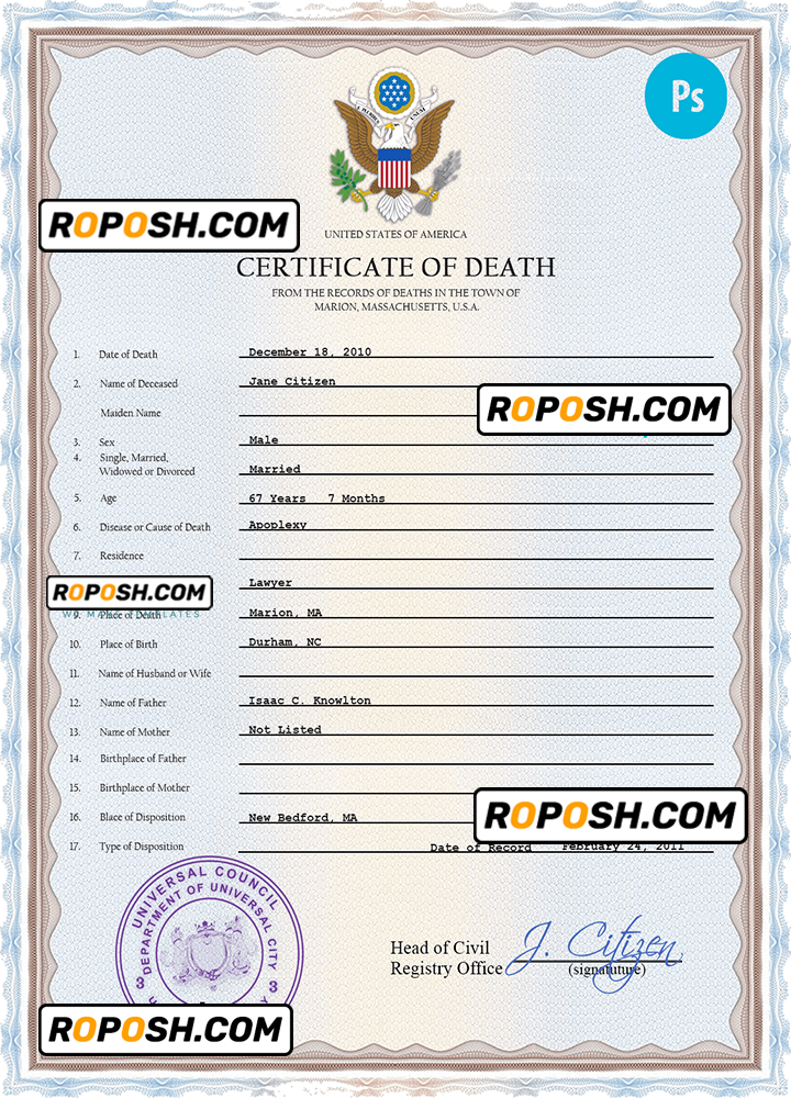 affiliate death universal certificate PSD template, completely editable