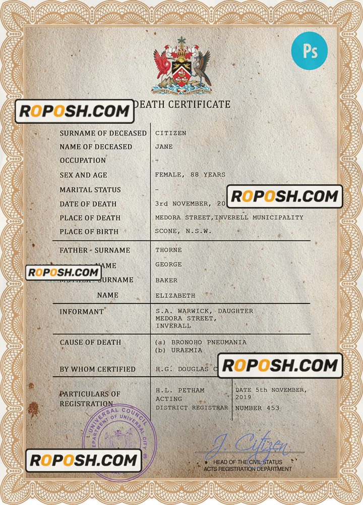 arms acclaimed death universal certificate PSD template, completely editable scan effect