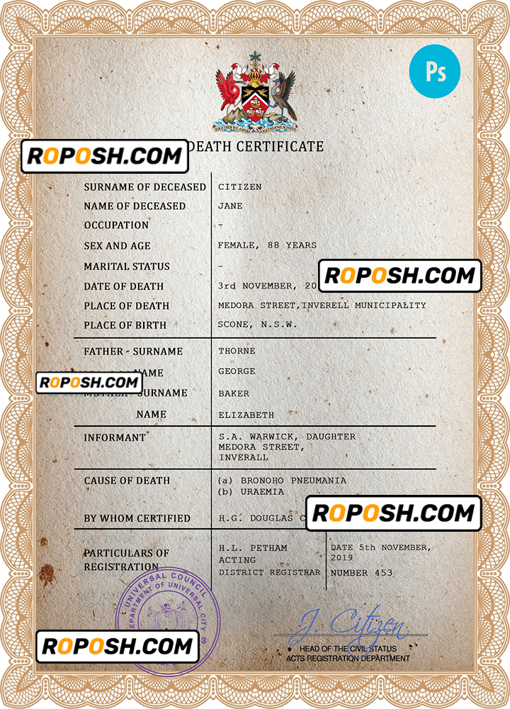 arms acclaimed death universal certificate PSD template, completely editable