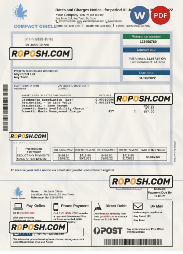 compact circle universal multipurpose utility bill, Word and PDF template, 2 pages