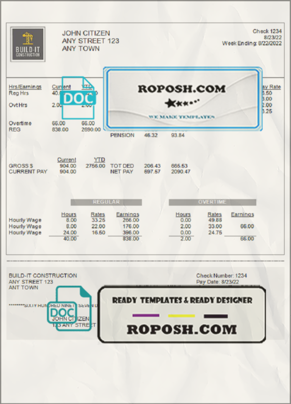 true market pay stub template in Word and PDF format scan effect