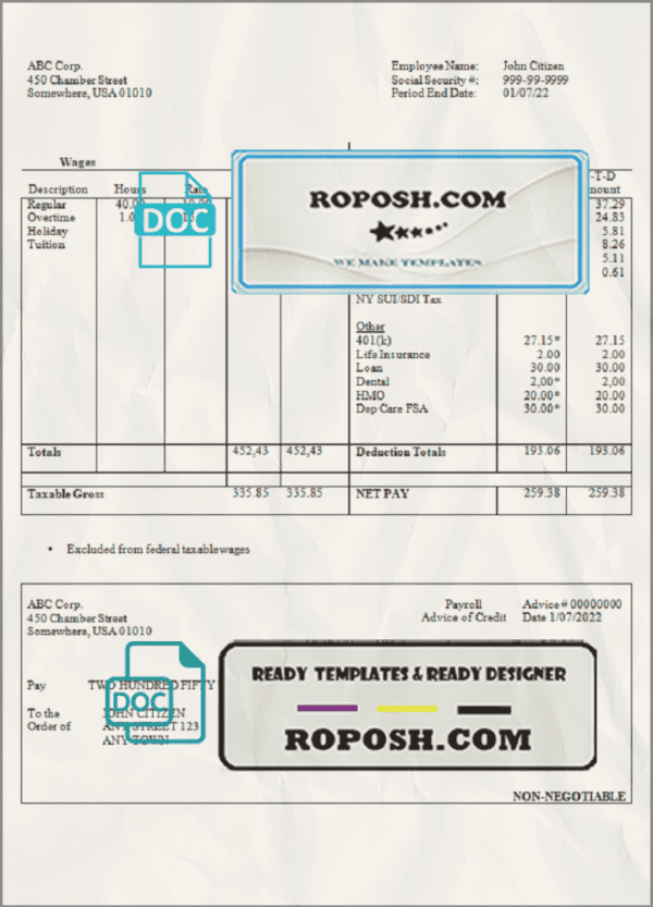 neat desk pay stub template in Word and PDF format