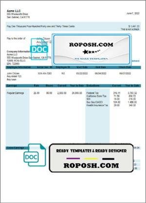 joyful start pay stub template in Word and PDF format