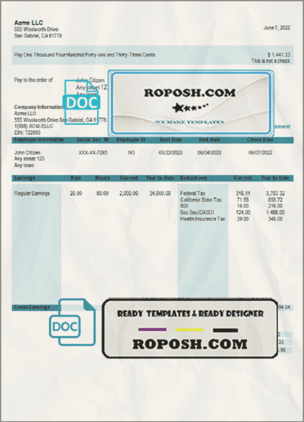 joyful start pay stub template in Word and PDF format