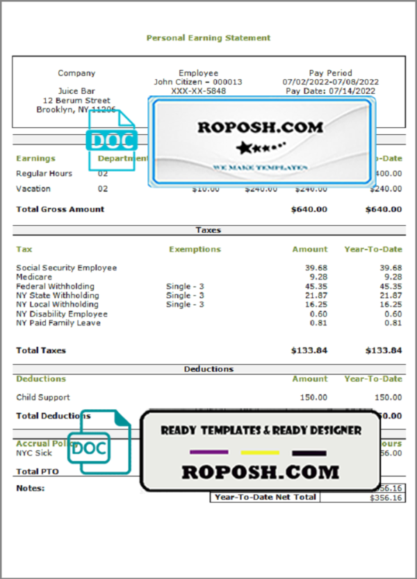 smooth slick pay stub template in Word and PDF format