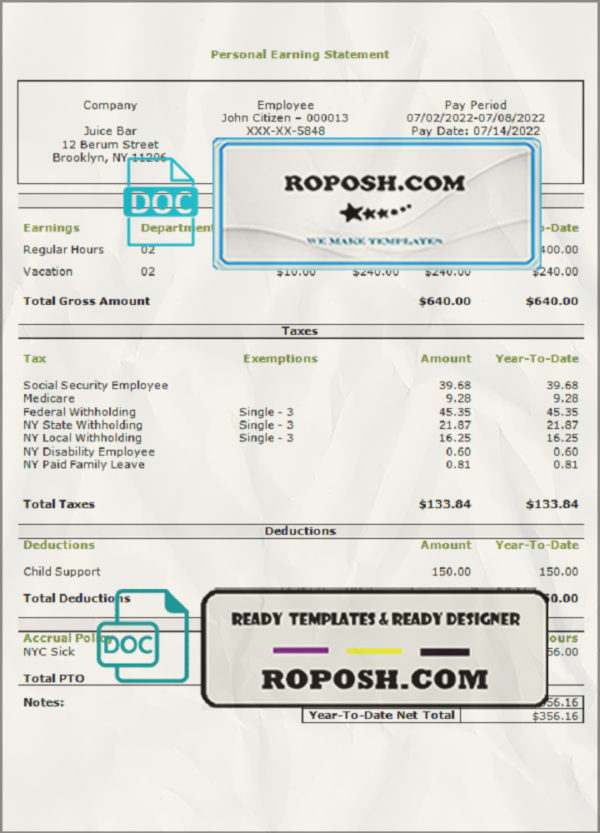 smooth slick pay stub template in Word and PDF format scan effect