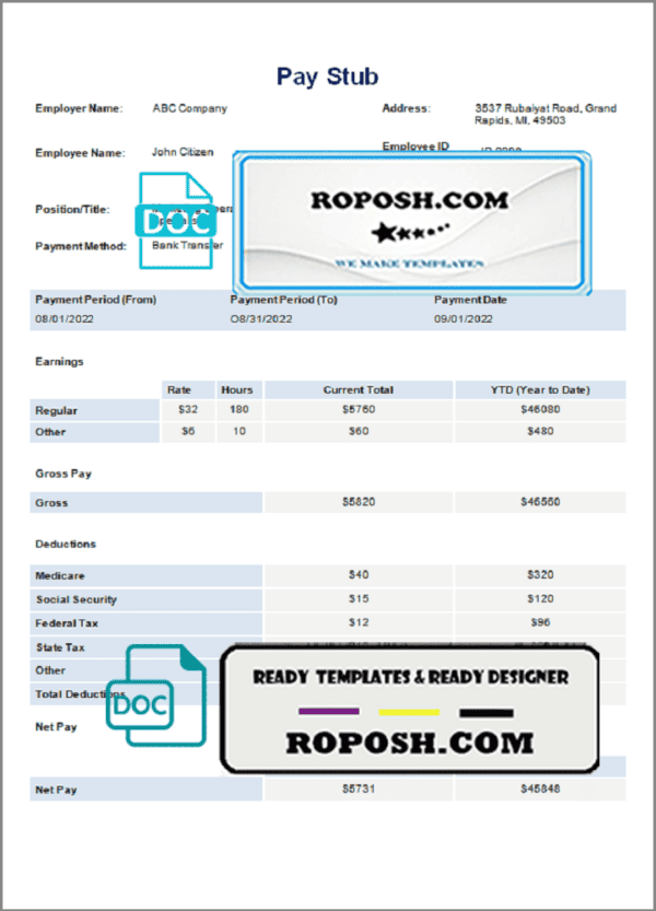 unique age pay stub template in Word and PDF format