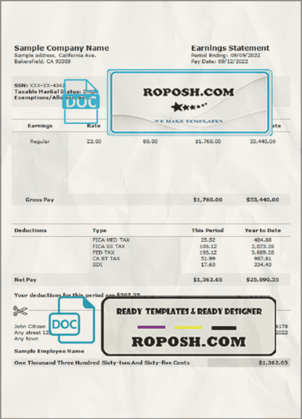 nice job pay stub template in Word and PDF format
