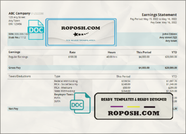 unique one pay stub template in Word and PDF format scan effect