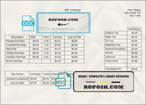 safe speech pay stub template in Word and PDF format