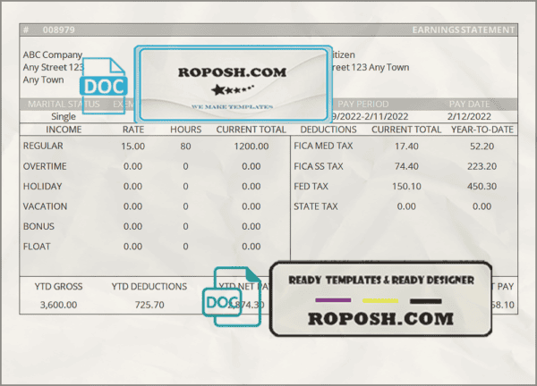 good gold pay stub template in Word and PDF format