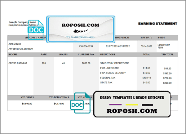 justly right pay stub template in Word and PDF format