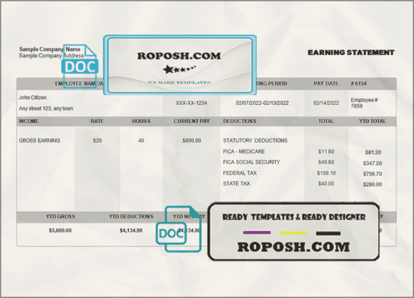 justly right pay stub template in Word and PDF format