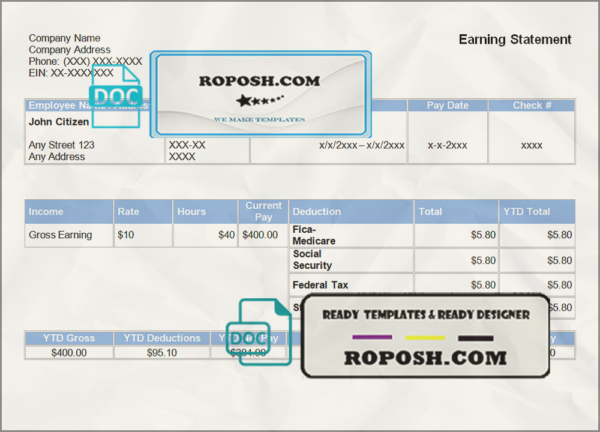 square deal pay stub template in Word and PDF format scan effect