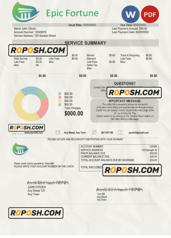 epic fortune universal multipurpose utility bill, Word and PDF template