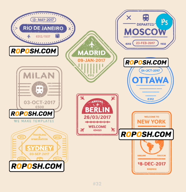 Milan Madrid Berlin travel stamp collection template of 8 PSD designs, with fonts