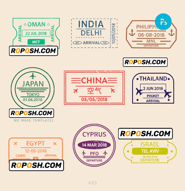 Oman India Israel travel stamp collection template of 9 PSD designs, with fonts