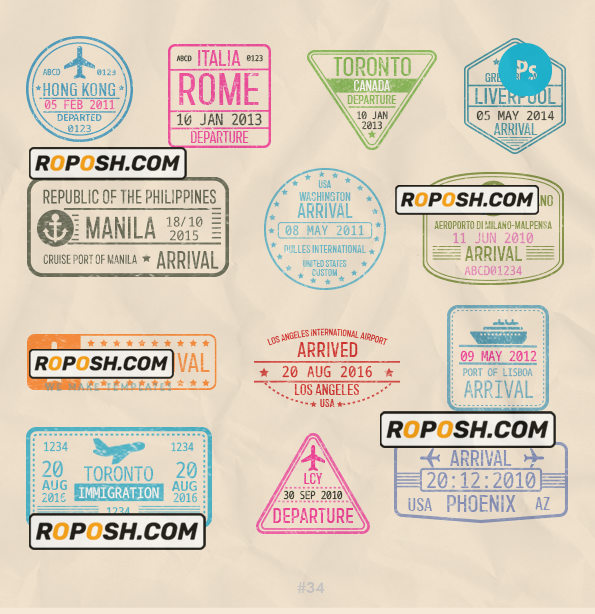 Hong-Kong Rome Toronto travel stamp collection template of 13 PSD designs, with fonts scan effect