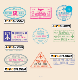 Paris London Toronto travel stamp collection template of 9 PSD designs, with fonts