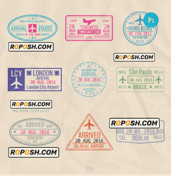 Paris London Toronto travel stamp collection template of 9 PSD designs, with fonts scan effect