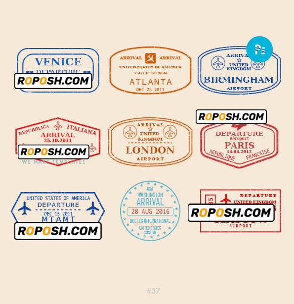 Atlanta London Glasgow travel stamp collection template of 9 PSD designs, with fonts