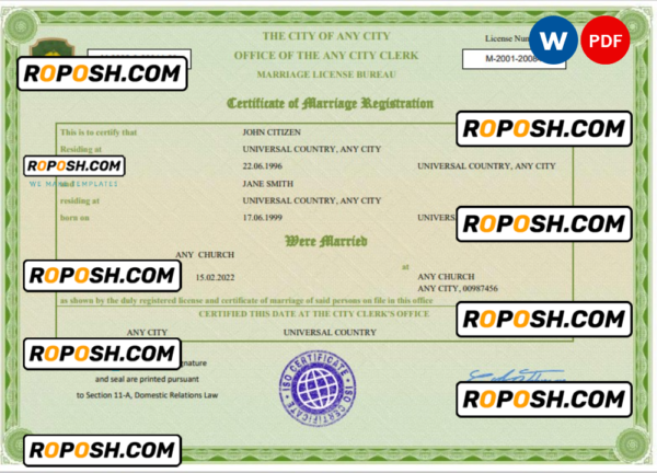 green universal marriage certificate Word and PDF template, fully editable