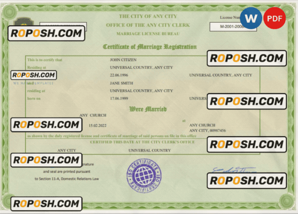 green universal marriage certificate Word and PDF template, fully editable