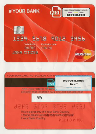 red creative universal multipurpose bank card template in PSD format, fully editable scan effect